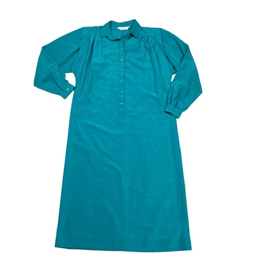 Vintage Schrader Sport New York Dress Teal Long‎ Sleeve Collared Midi Women's